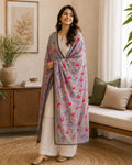 Dusty Lilac base with vibrant pink and turquoise floral embroidery."Kantha Work Dupatta with Mirror Work | Indian Ethnic Festive Scarf