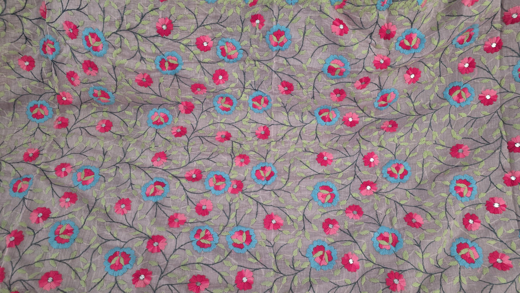 Dusty Lilac base with vibrant pink and turquoise floral embroidery."Kantha Work Dupatta with Mirror Work | Indian Ethnic Festive Scarf