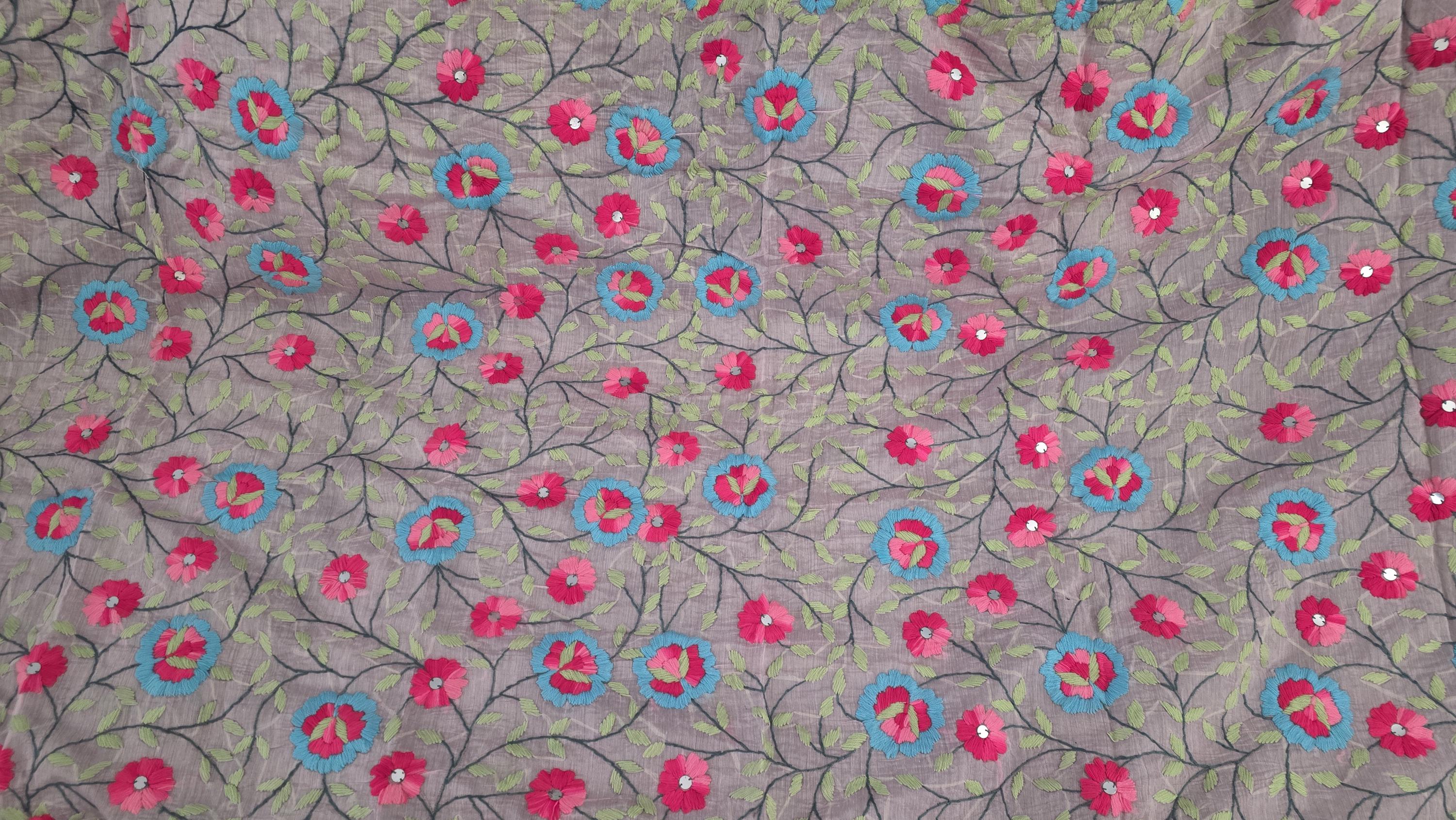 Dusty Lilac base with vibrant pink and turquoise floral embroidery."Kantha Work Dupatta with Mirror Work | Indian Ethnic Festive Scarf
