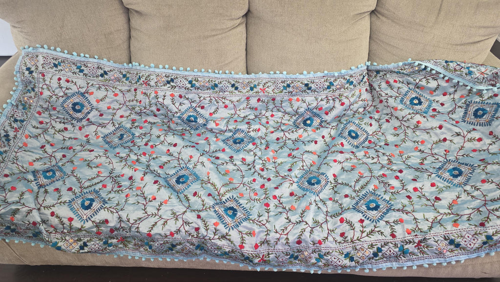 Sky Blue Kantha Work Dupatta with Mirror Work | Indian Ethnic Festive Scarf
