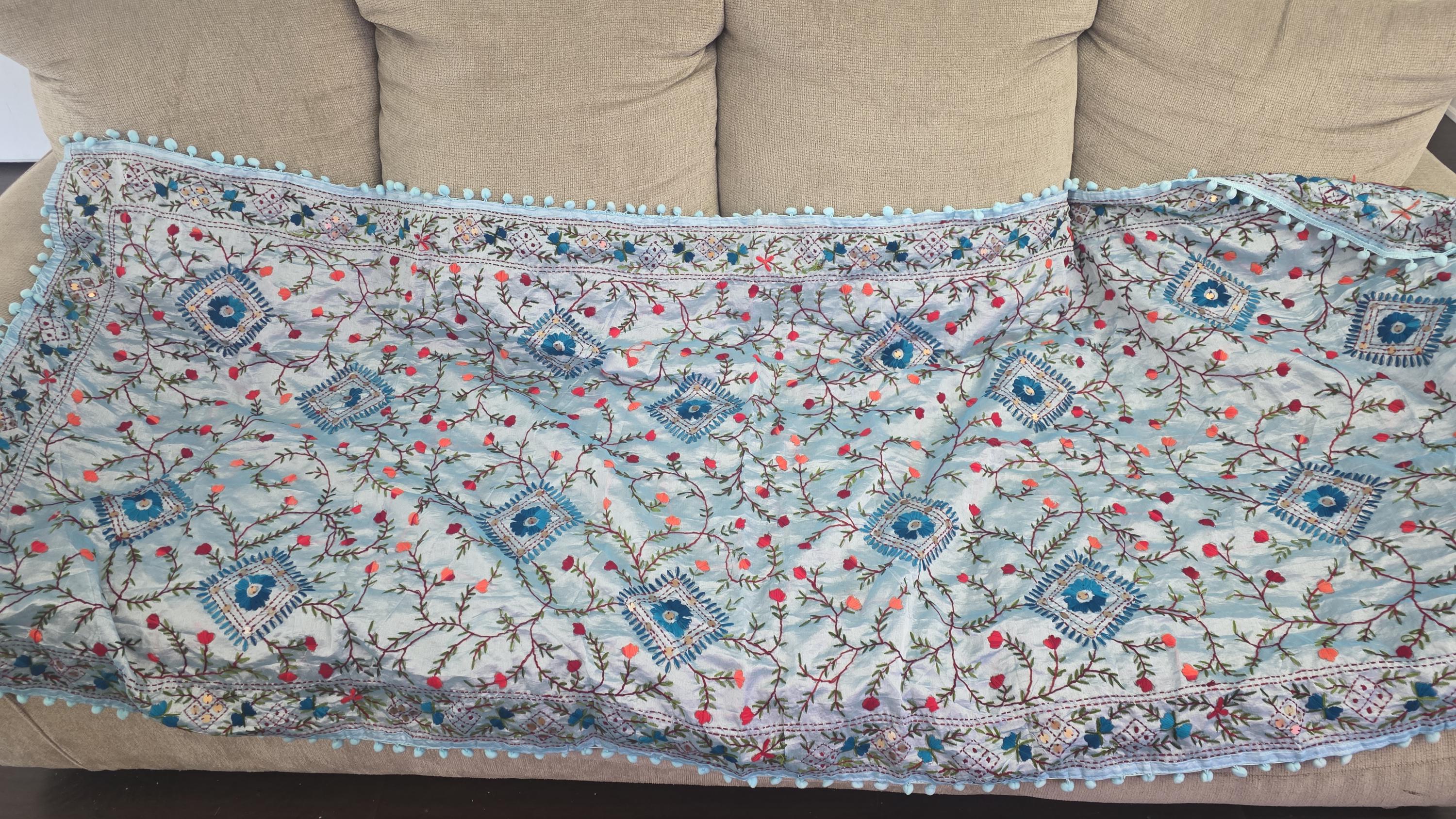 Sky Blue Kantha Work Dupatta with Mirror Work | Indian Ethnic Festive Scarf