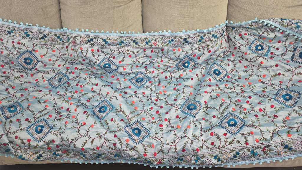 Sky Blue Kantha Work Dupatta with Mirror Work | Indian Ethnic Festive Scarf