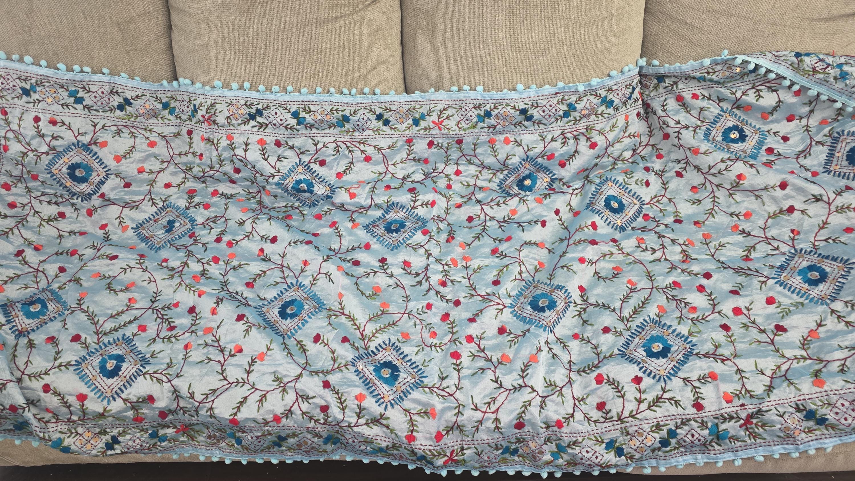 Sky Blue Kantha Work Dupatta with Mirror Work | Indian Ethnic Festive Scarf