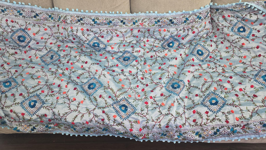 Sky Blue Kantha Work Dupatta with Mirror Work | Indian Ethnic Festive Scarf