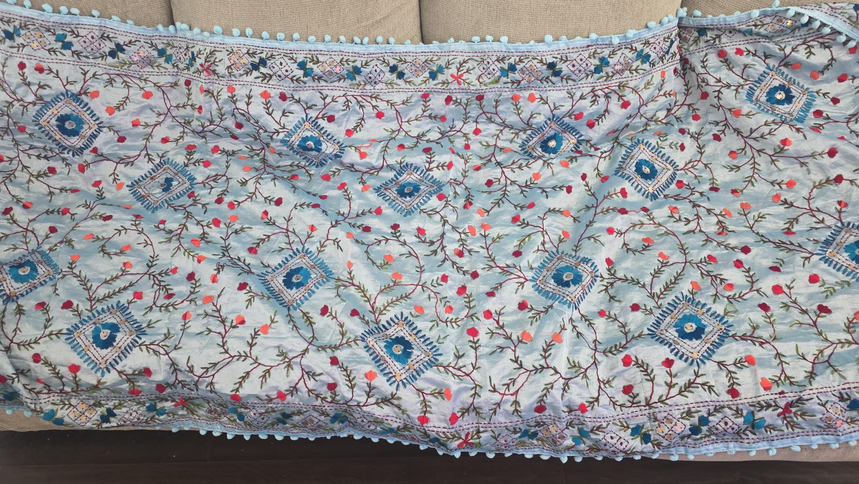 Sky Blue Kantha Work Dupatta with Mirror Work | Indian Ethnic Festive Scarf