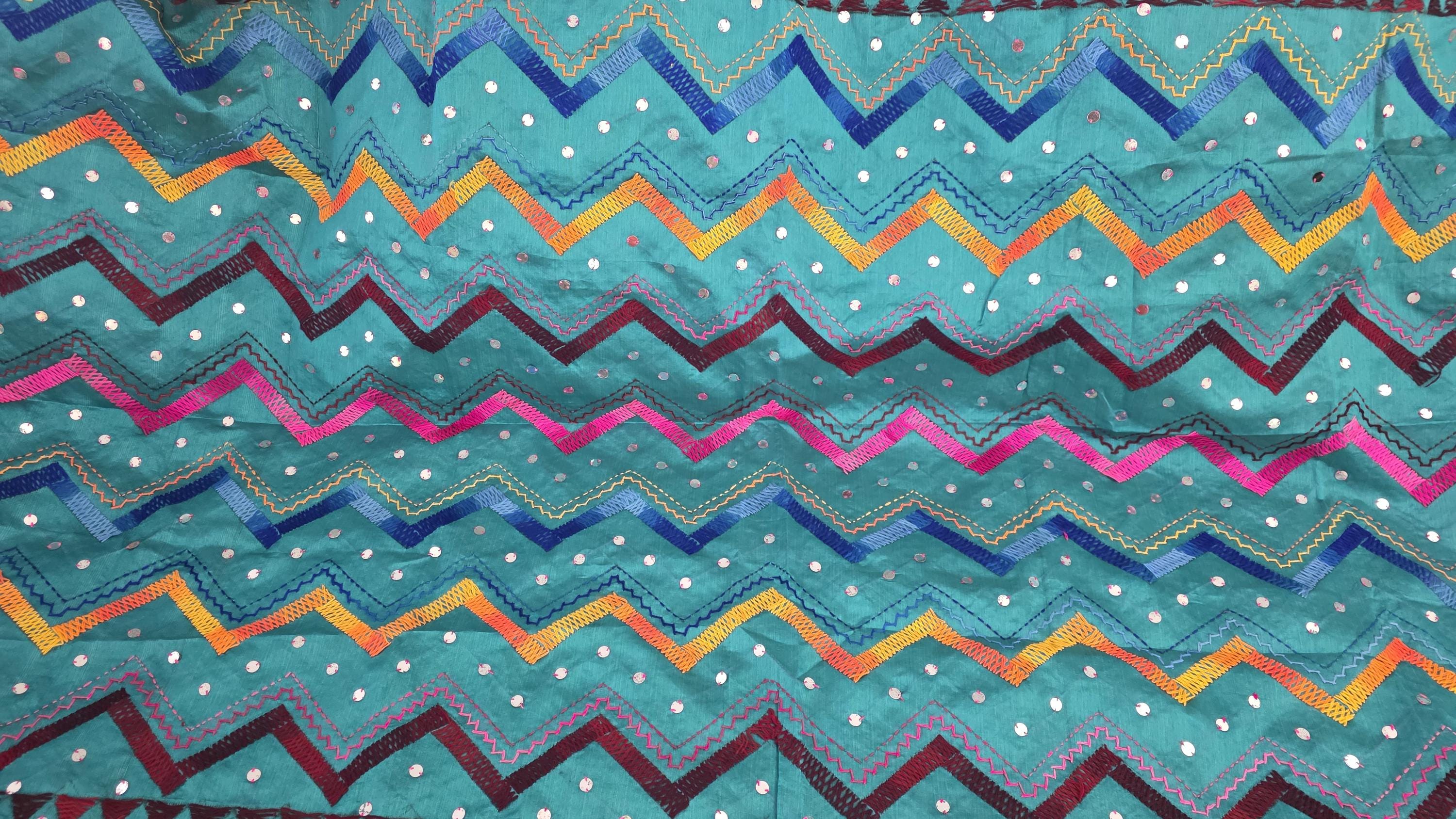 Greenish blue Kantha Work Dupatta with Mirror Work | Indian Ethnic Festive Scarf