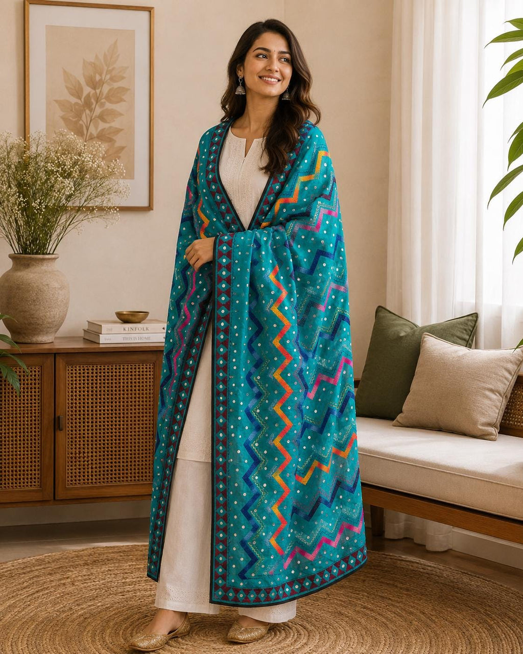 Greenish blue Kantha Work Dupatta with Mirror Work | Indian Ethnic Festive Scarf
