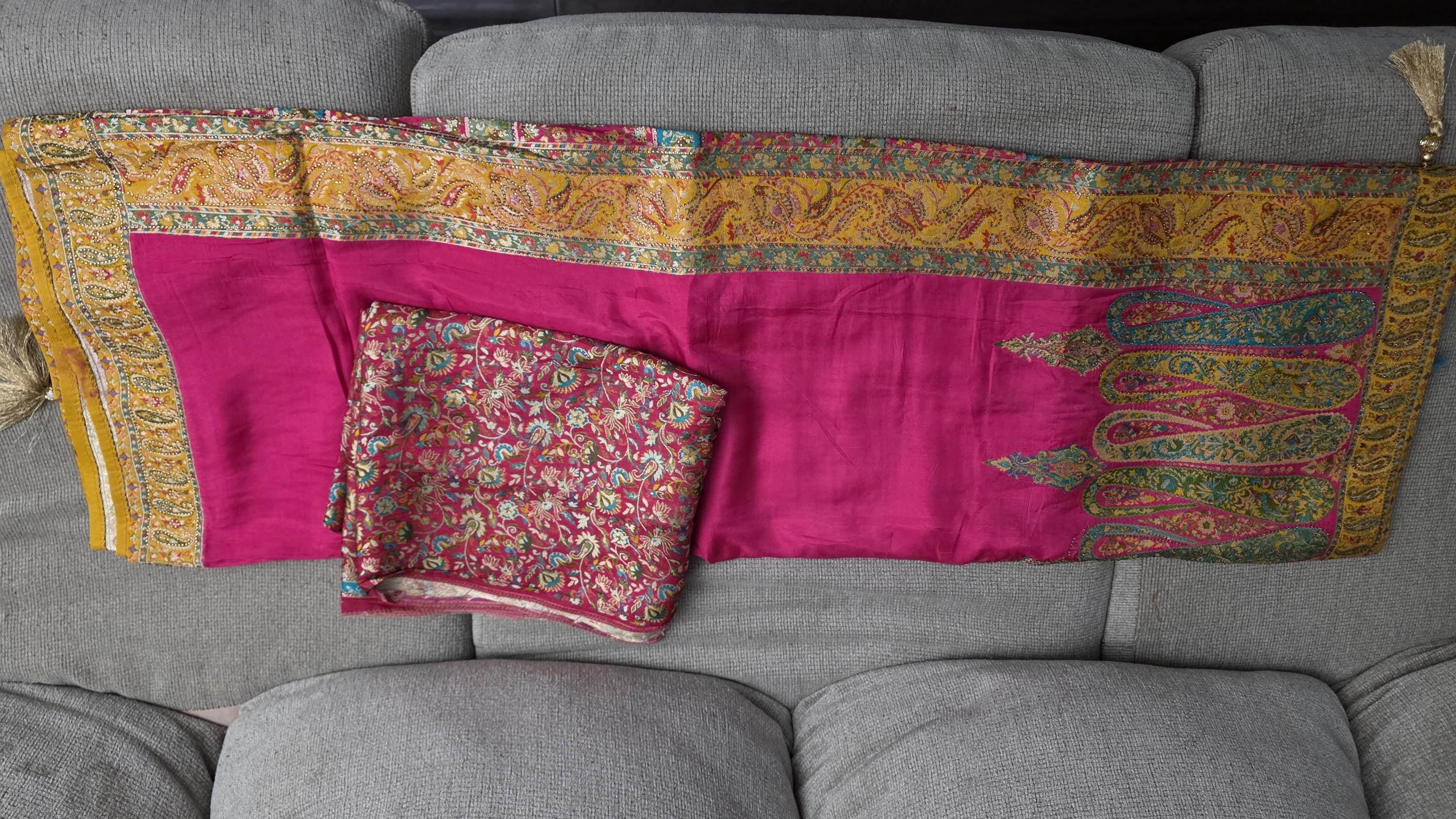 Hot Pink Pure Crepe Silk Saree with Yellow Kashmiri Palla | Luxury Paisley Designer Saree | Wedding Party Wear | Includes Blouse Piece