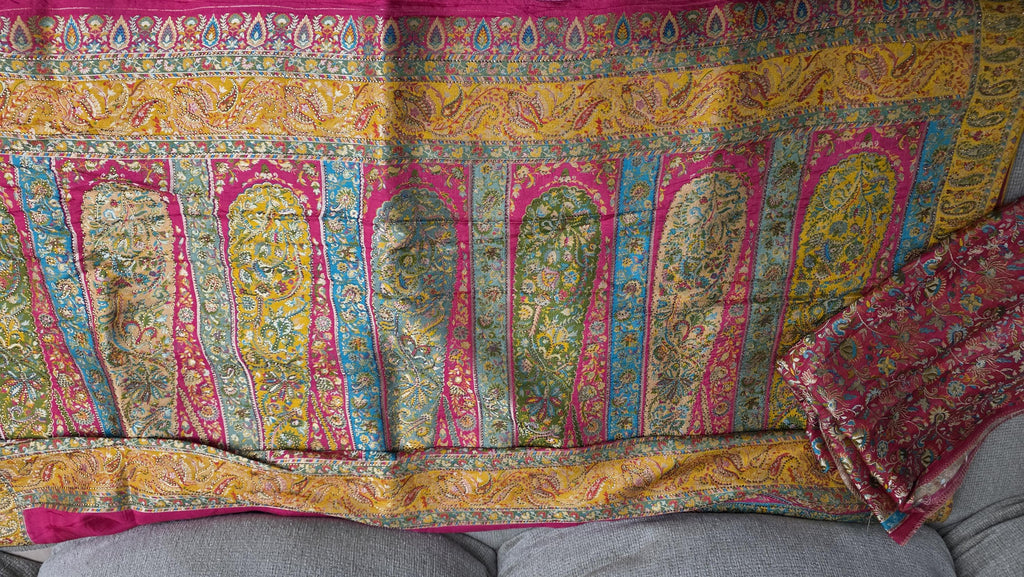 Hot Pink Pure Crepe Silk Saree with Yellow Kashmiri Palla | Luxury Paisley Designer Saree | Wedding Party Wear | Includes Blouse Piece