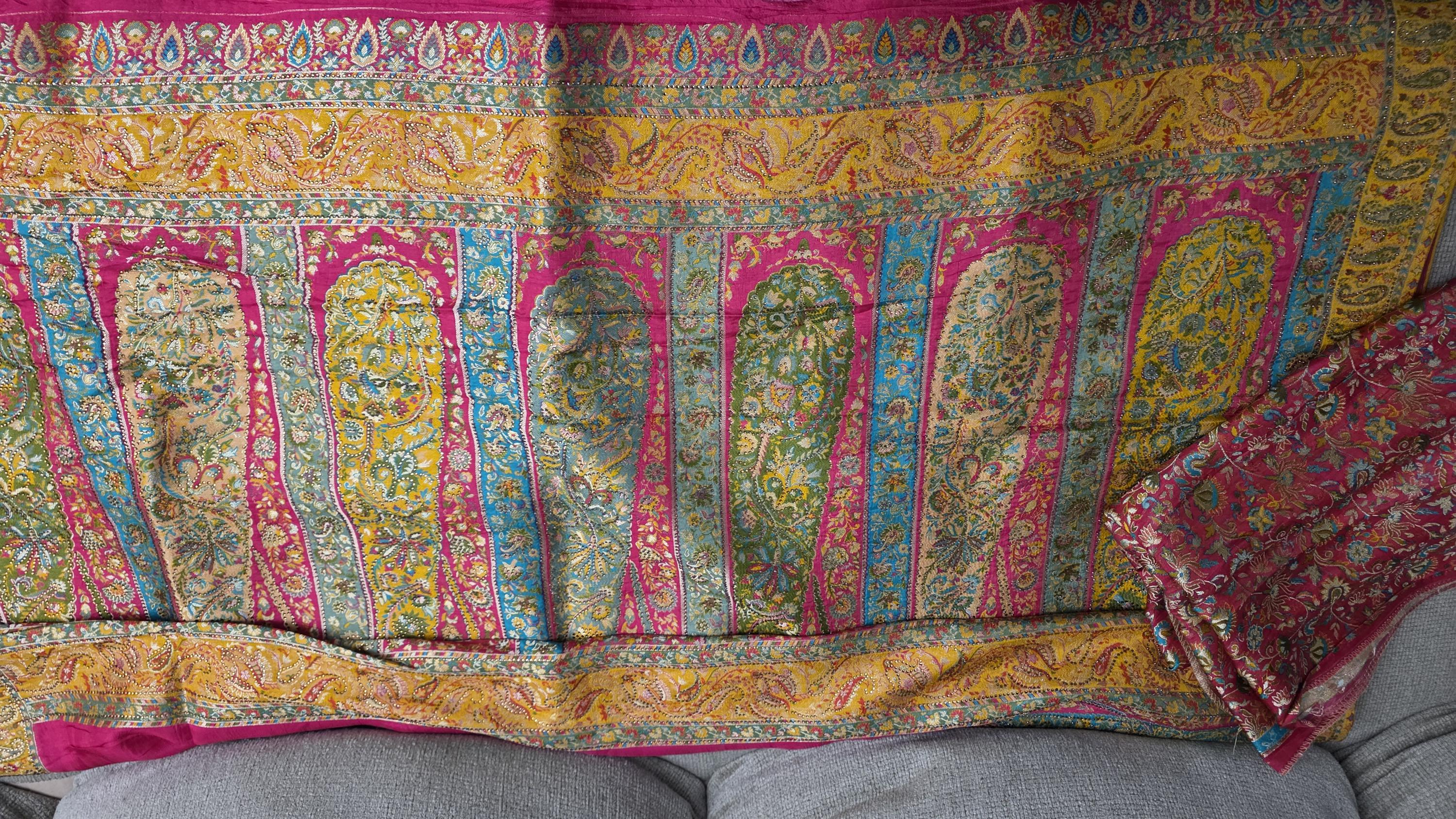 Hot Pink Pure Crepe Silk Saree with Yellow Kashmiri Palla | Luxury Paisley Designer Saree | Wedding Party Wear | Includes Blouse Piece
