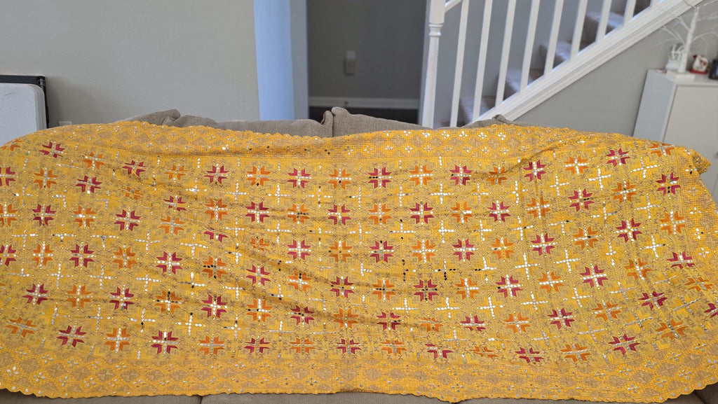Handmade , Handwoven , Elegant vibrant & Authentic yellow Phulkari Dupatta / Indian Scarf. Hand embroidered .