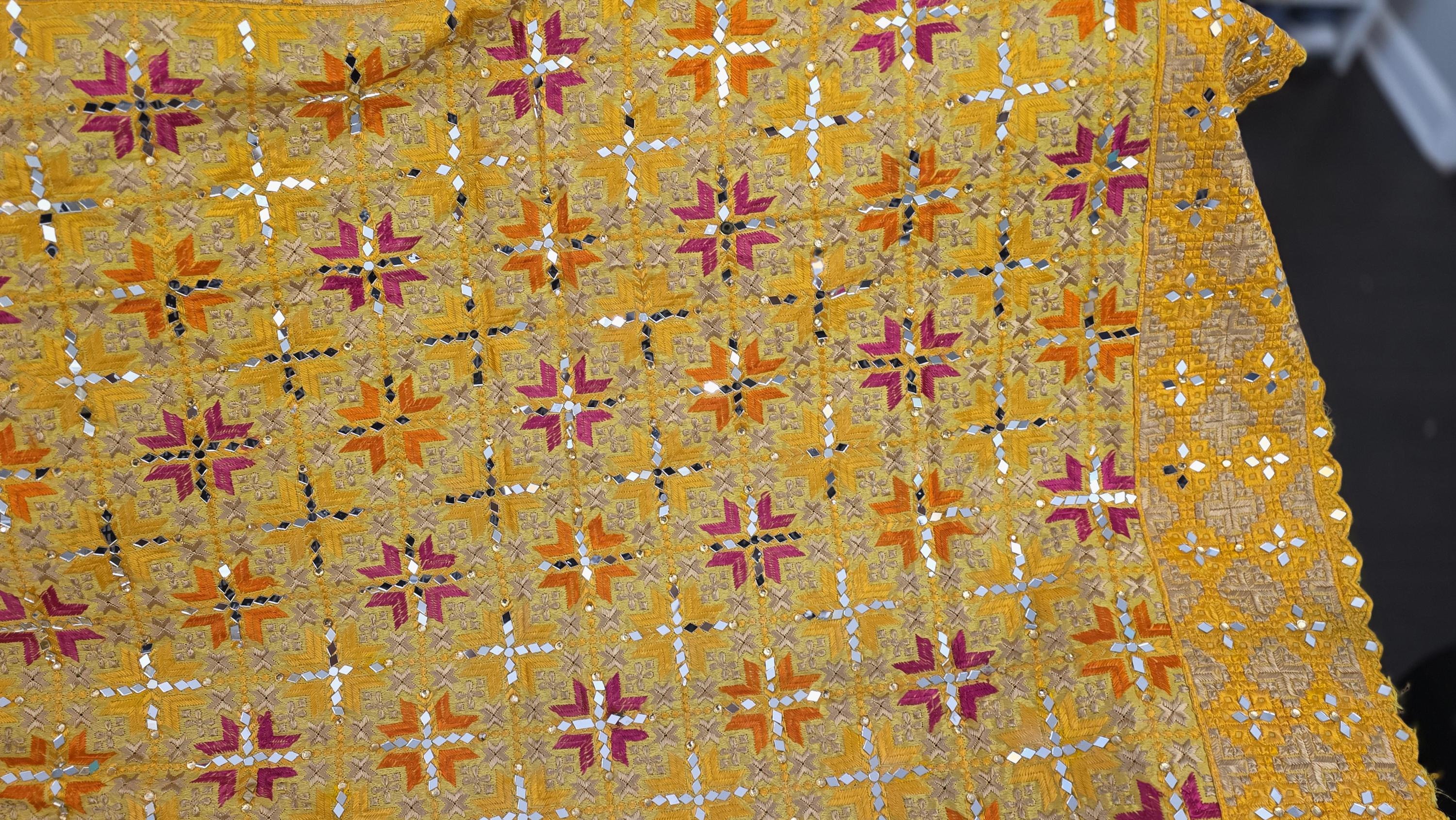 Handmade , Handwoven , Elegant vibrant & Authentic yellow Phulkari Dupatta / Indian Scarf. Hand embroidered .