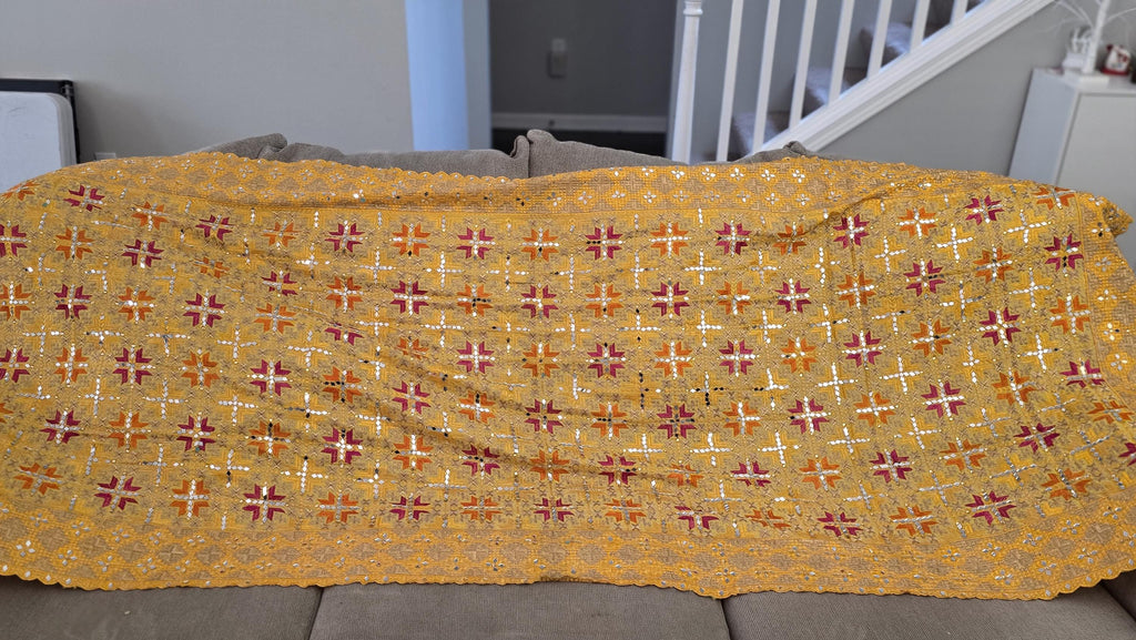 Handmade , Handwoven , Elegant vibrant & Authentic yellow Phulkari Dupatta / Indian Scarf. Hand embroidered .