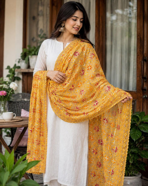 Handmade , Handwoven , Elegant vibrant & Authentic yellow Phulkari Dupatta / Indian Scarf. Hand embroidered .