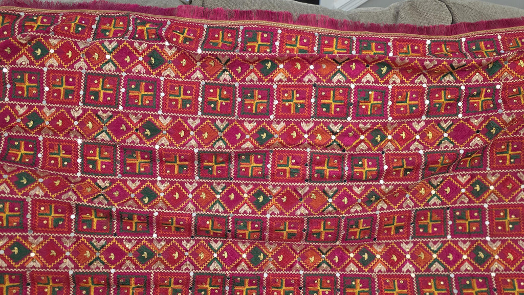 Handmade , Handwoven , Elegant vibrant & Authentic Pink Multicolour Phulkari Dupatta / Indian Scarf. Hand embroidered .