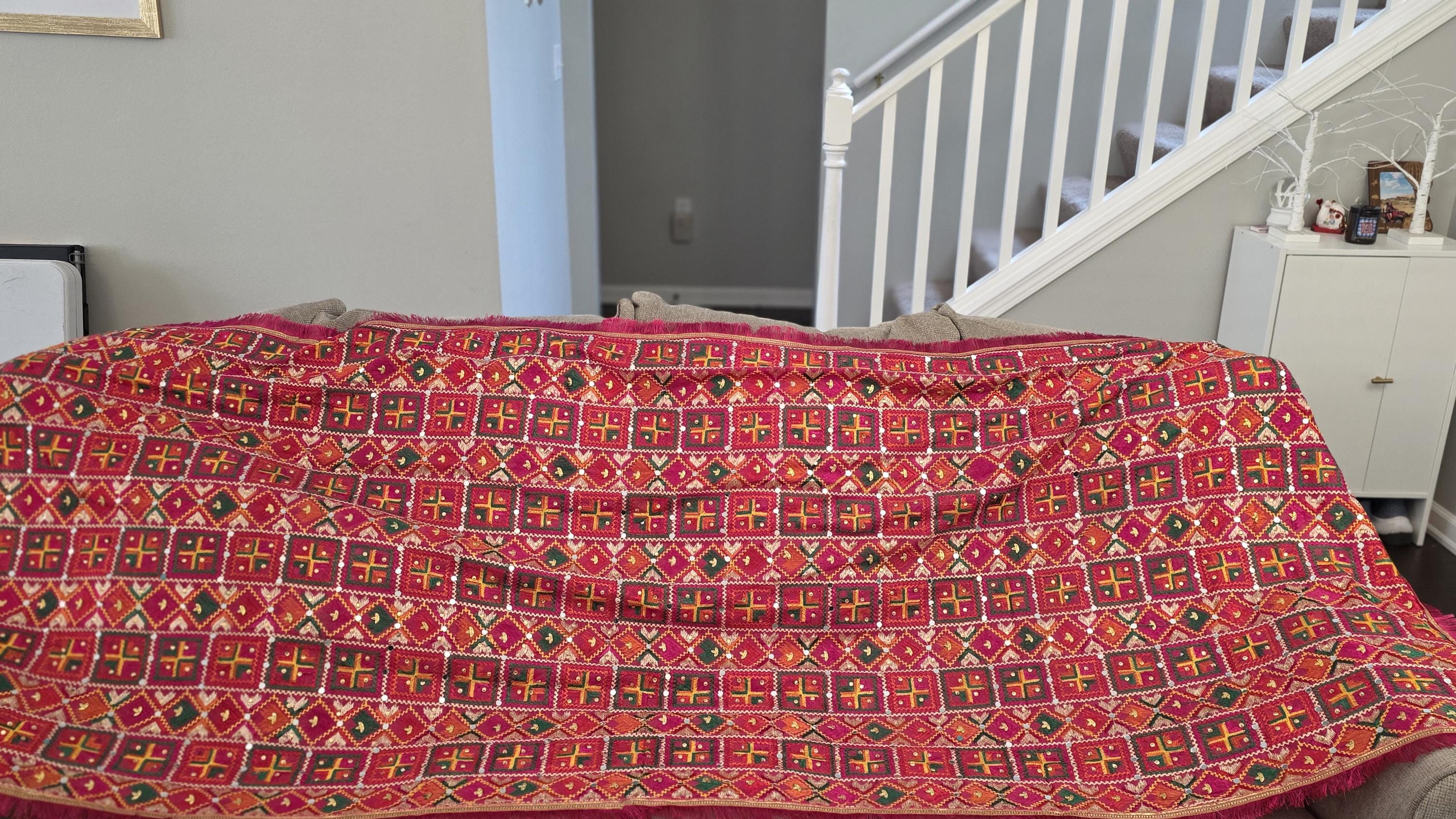 Handmade , Handwoven , Elegant vibrant & Authentic Pink Multicolour Phulkari Dupatta / Indian Scarf. Hand embroidered .