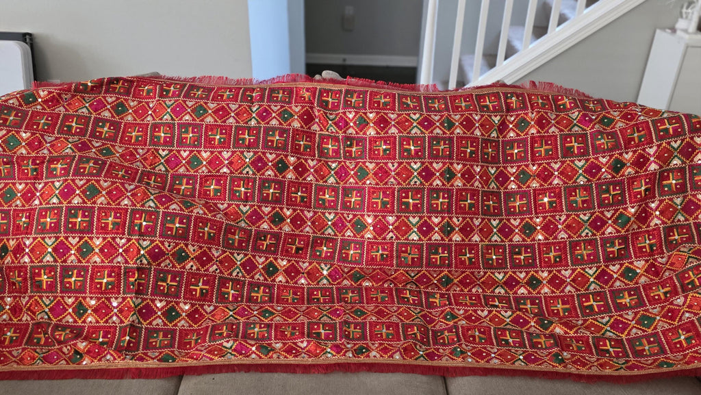 Handmade , Handwoven , Elegant vibrant & Authentic Red Multicolour Phulkari Dupatta / Indian Scarf. Hand embroidered .
