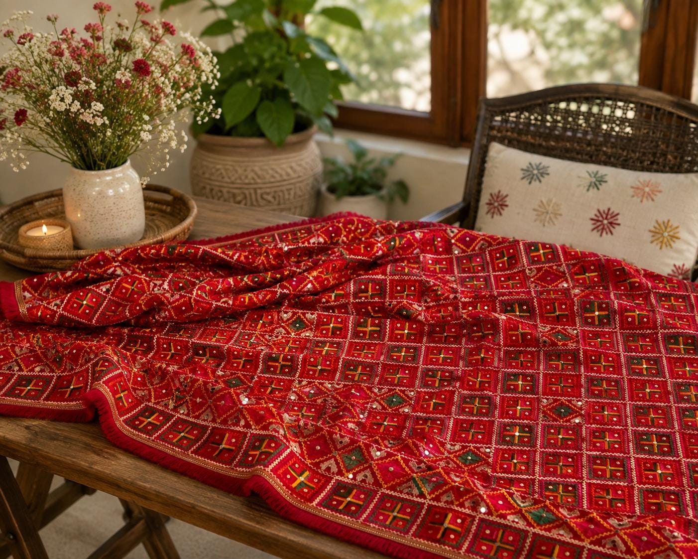 Handmade , Handwoven , Elegant vibrant & Authentic Red Multicolour Phulkari Dupatta / Indian Scarf. Hand embroidered .