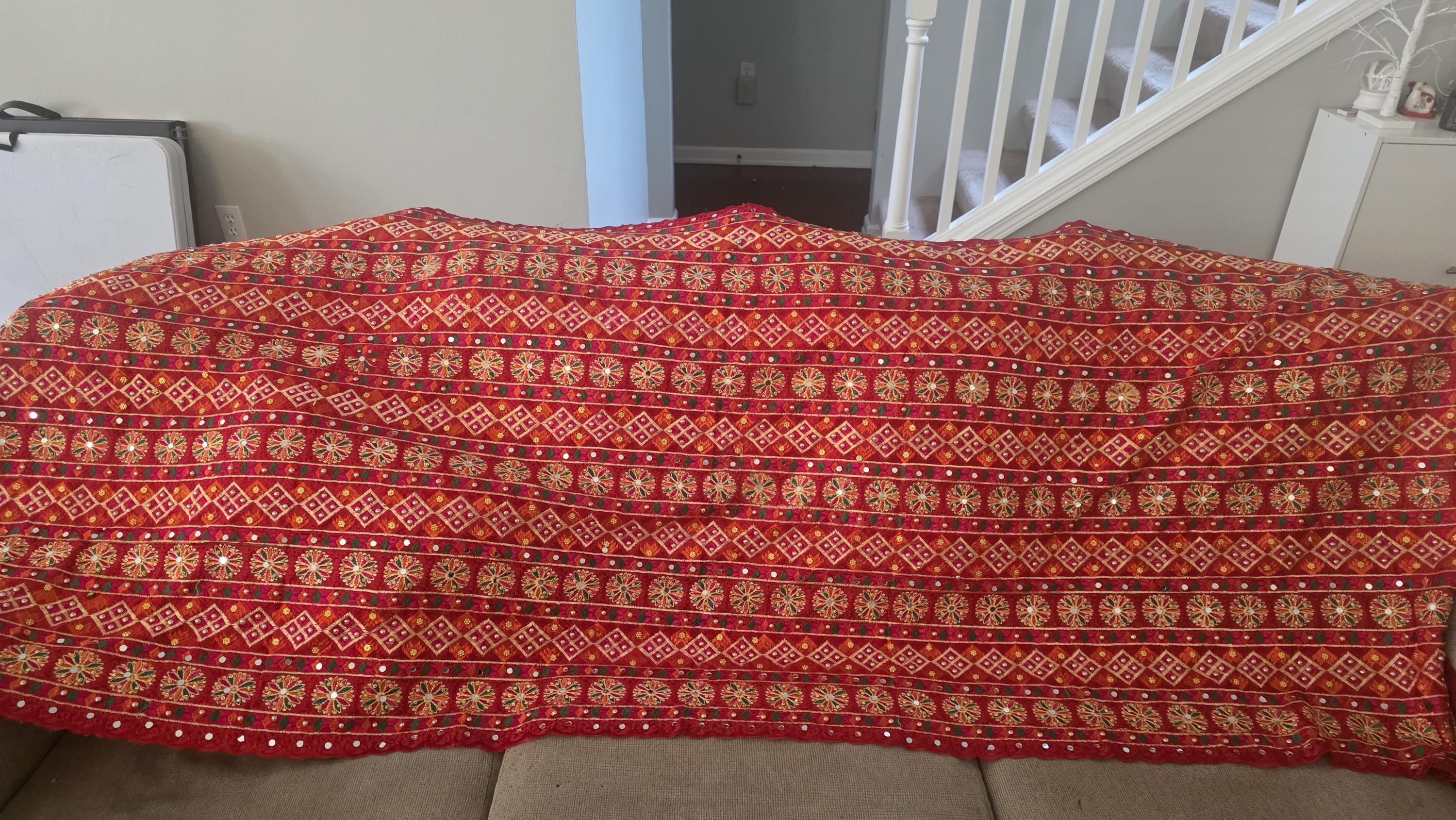 Handmade , Handwoven , Elegant vibrant & Authentic Red Multicolour Phulkari Dupatta / Indian Scarf. Hand embroidered .