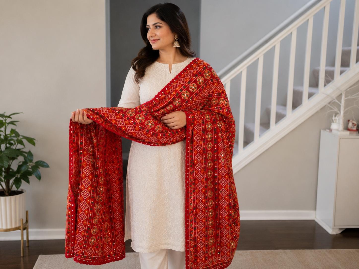 Handmade , Handwoven , Elegant vibrant & Authentic Red Multicolour Phulkari Dupatta / Indian Scarf. Hand embroidered .