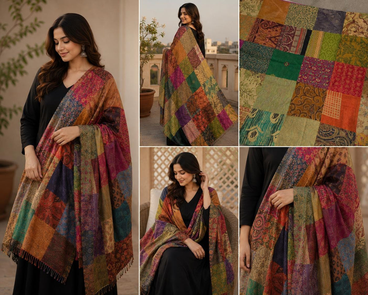 Multicolour Patchwork Silk Dupatta | Handmade Indian Silk Dupatta | Boho Patchwork Shawl | Colorful Ethnic Stole | Wedding & Festive Dupatta