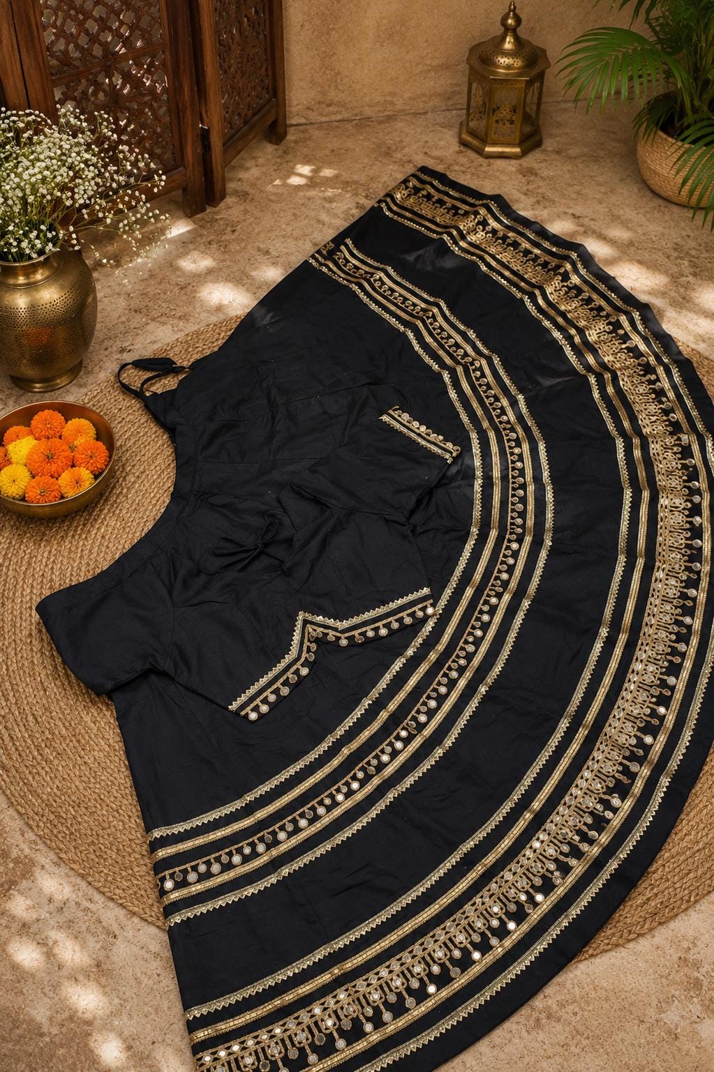 Black Cotton Lehenga Choli Set | Gold Embroidered Indian Skirt Set | Navratri Garba Outfit | Festive Ethnic Wear | Wedding Lehenga
