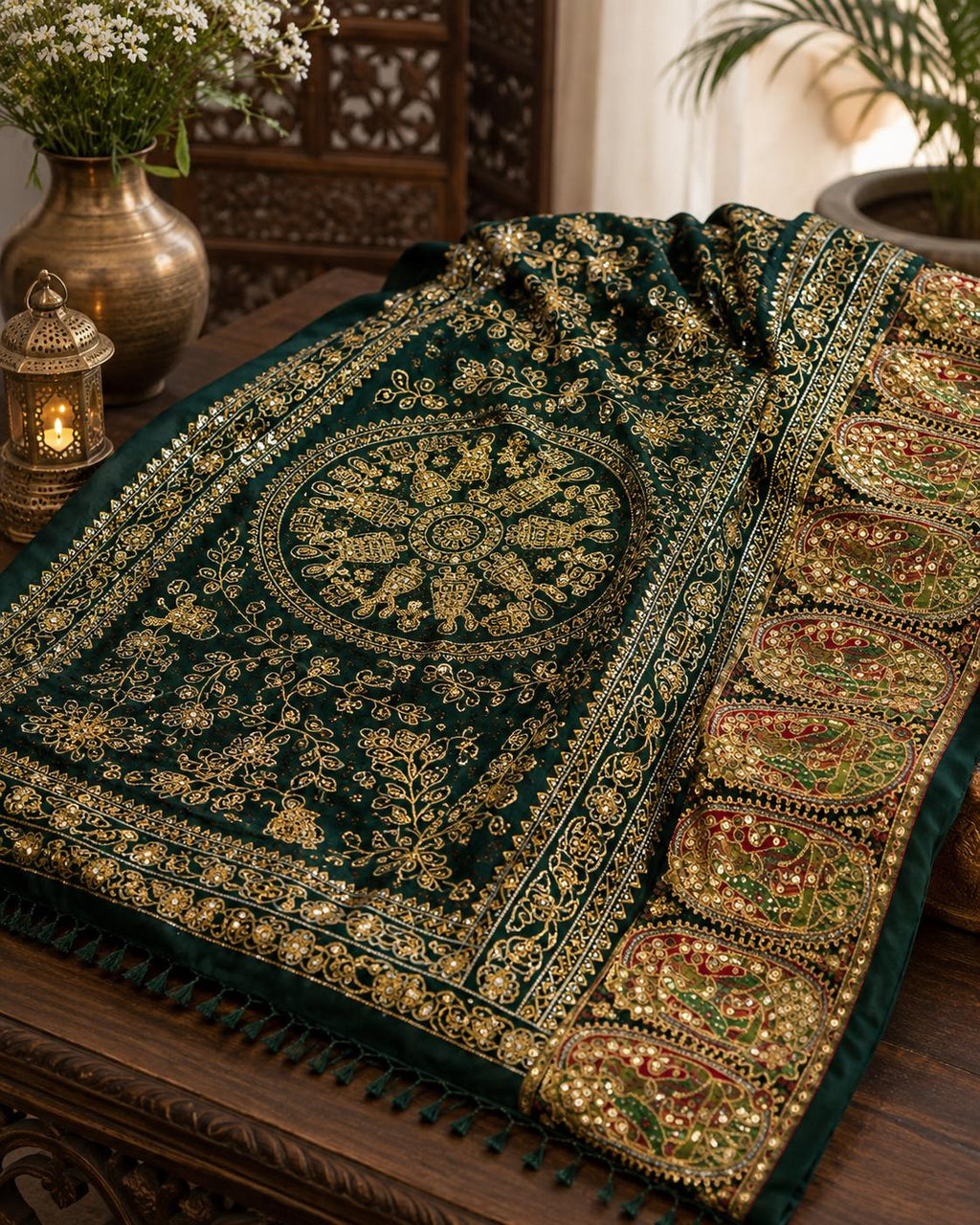Green Pure Gaji Silk Aari Work Dupatta | Hand Embroidered Indian Dupatta | Traditional Bandhani Style Paisley Dupatta | Festive Wedding Sha