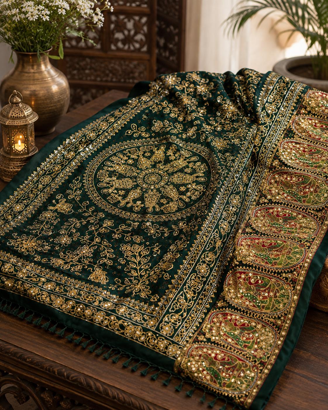 Green Pure Gaji Silk Aari Work Dupatta | Hand Embroidered Indian Dupatta | Traditional Bandhani Style Paisley Dupatta | Festive Wedding Sha