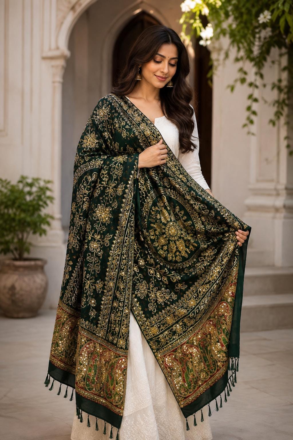 Green Pure Gaji Silk Aari Work Dupatta | Hand Embroidered Indian Dupatta | Traditional Bandhani Style Paisley Dupatta | Festive Wedding Sha