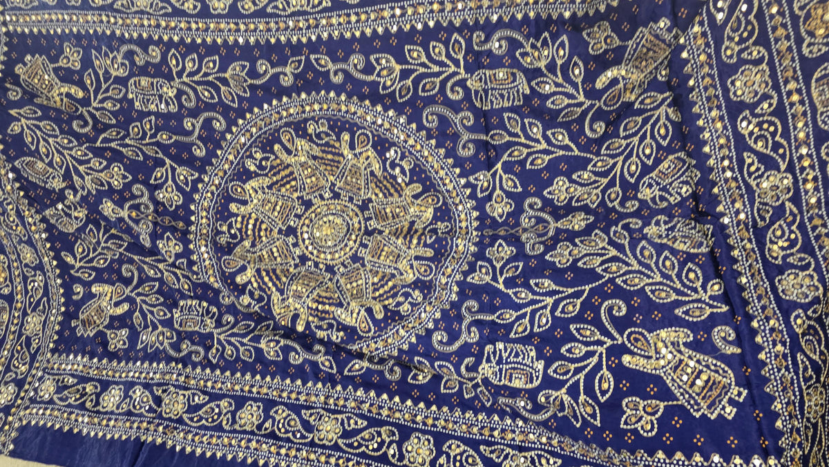 Blue Pure Gaji Silk Aari Work Dupatta | Hand Embroidered Indian Dupatta | Traditional Bandhani Style Paisley Dupatta | Festive Wedding Sha