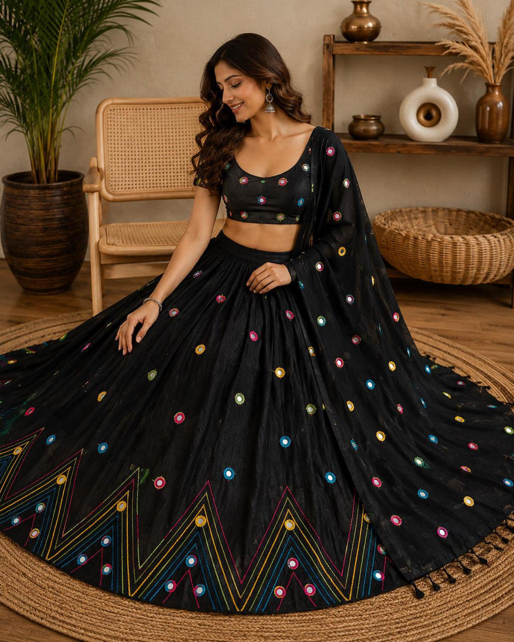 Black Lehenga Choli Set | Traditional Indian Lehenga | Bandhani Style Embroidered Chaniya Choli | Navratri Garba Outfit