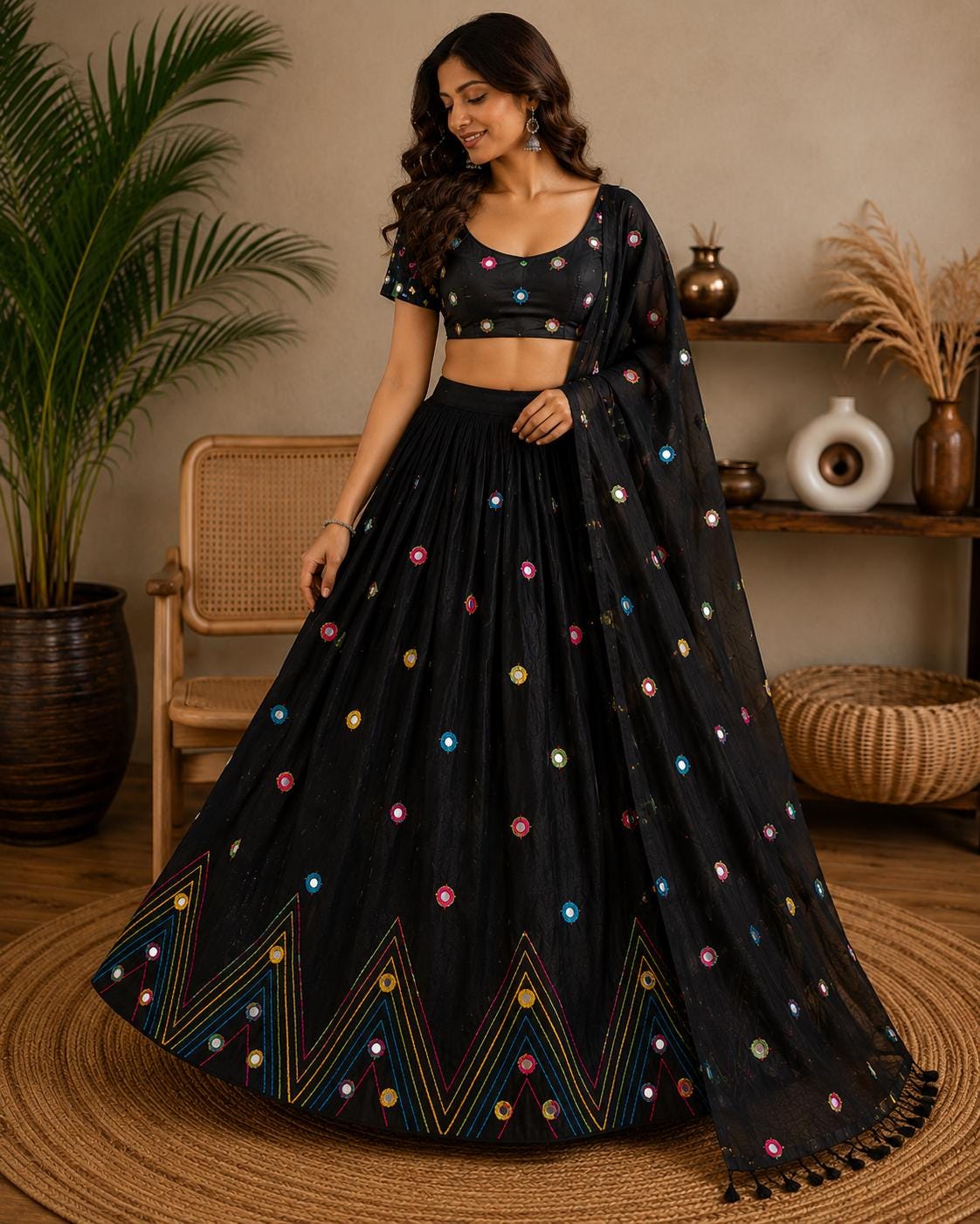 Black Lehenga Choli Set | Traditional Indian Lehenga | Bandhani Style Embroidered Chaniya Choli | Navratri Garba Outfit