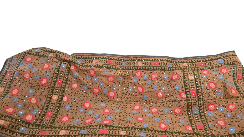 Orange and green Kantha Work Dupatta with Mirror Work | Indian Ethnic Festive Scarf