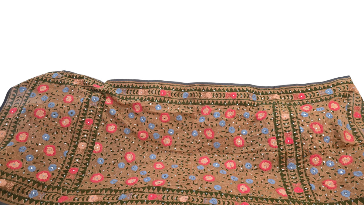Orange and green Kantha Work Dupatta with Mirror Work | Indian Ethnic Festive Scarf