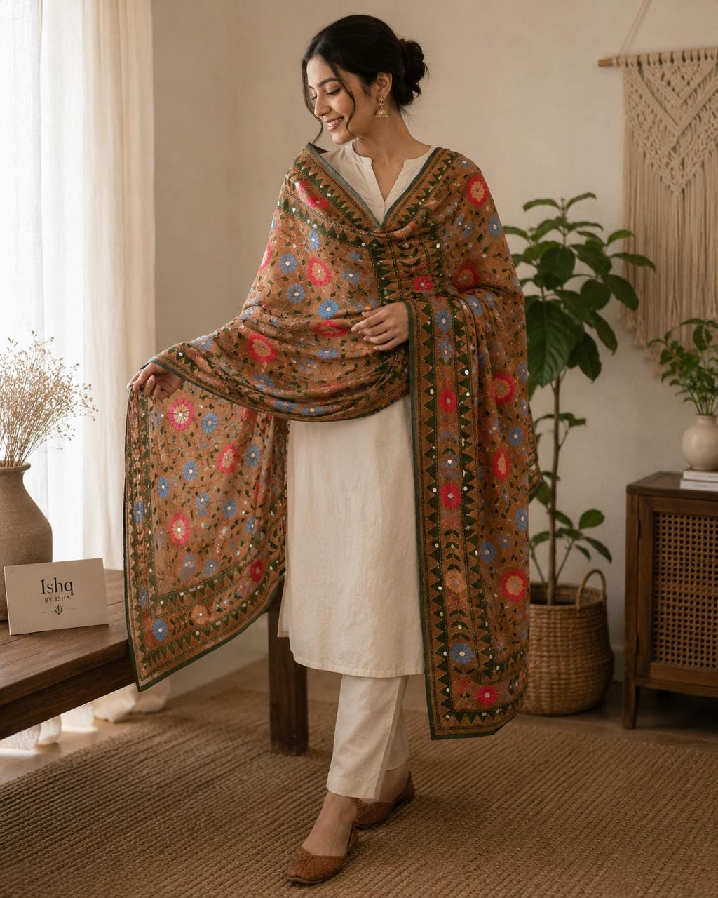 Orange and green Kantha Work Dupatta with Mirror Work | Indian Ethnic Festive Scarf