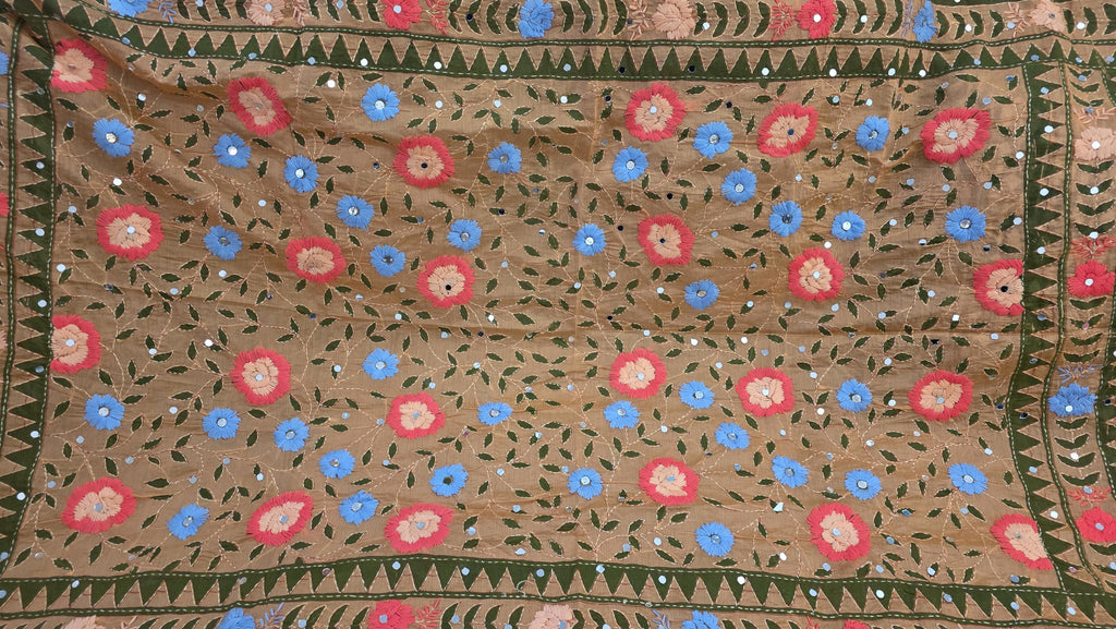 Orange and green Kantha Work Dupatta with Mirror Work | Indian Ethnic Festive Scarf