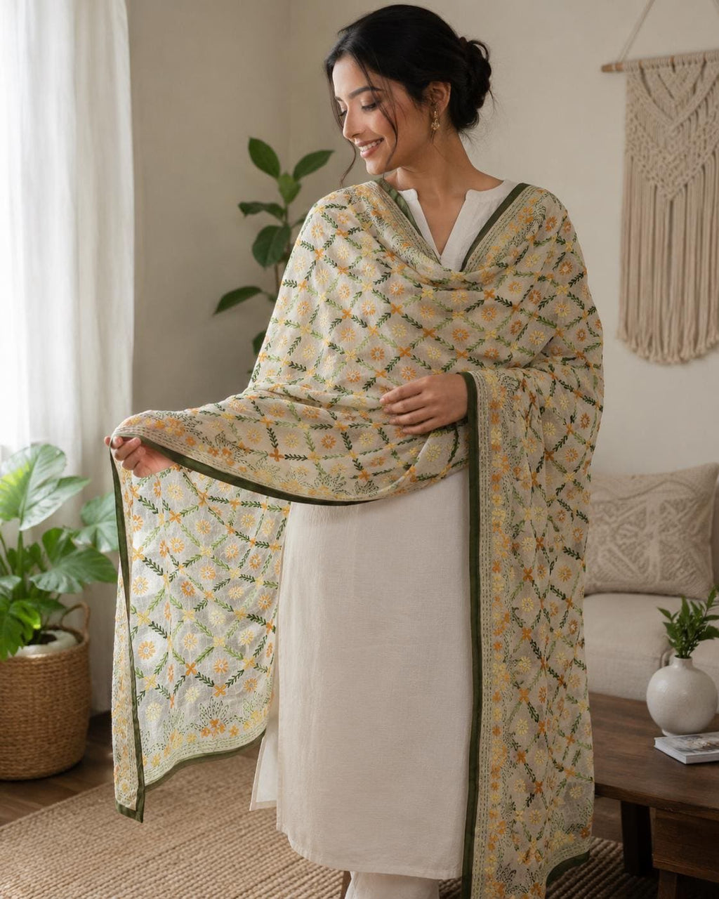 Light green Kantha Work Dupatta with Mirror Work | Indian Ethnic Festive Scarf