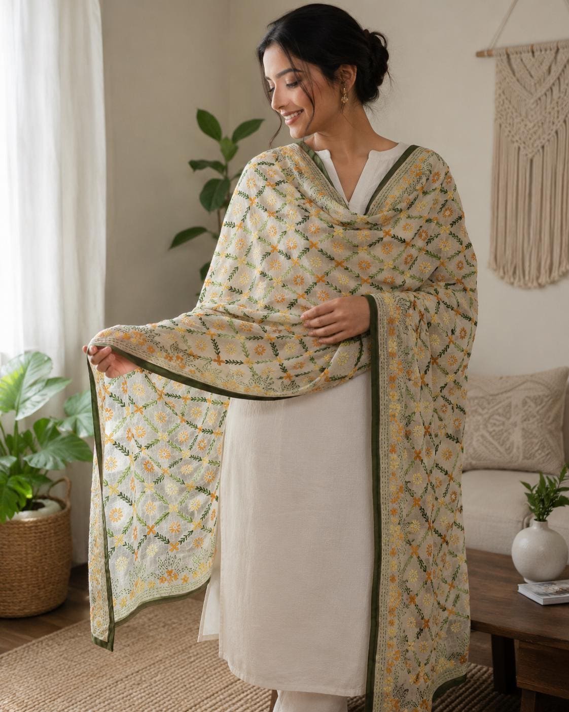 Light green Kantha Work Dupatta with Mirror Work | Indian Ethnic Festive Scarf