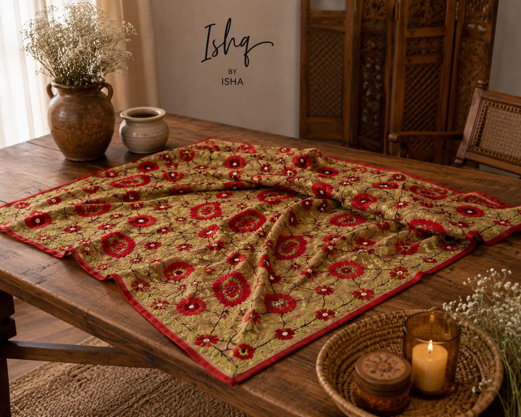 Green and red floral Work Dupatta with Mirror Work | Indian Ethnic Festive Scarf