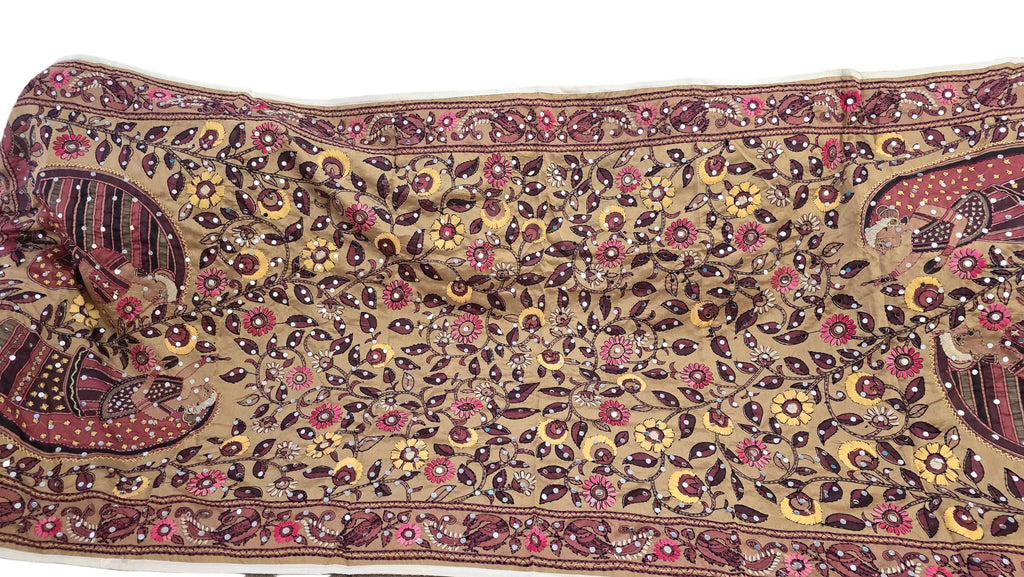 Light brown Multicolour floral Work Dupatta with Mirror Work | Indian Ethnic Festive Scarf