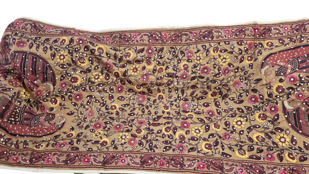 Light brown Multicolour floral Work Dupatta with Mirror Work | Indian Ethnic Festive Scarf