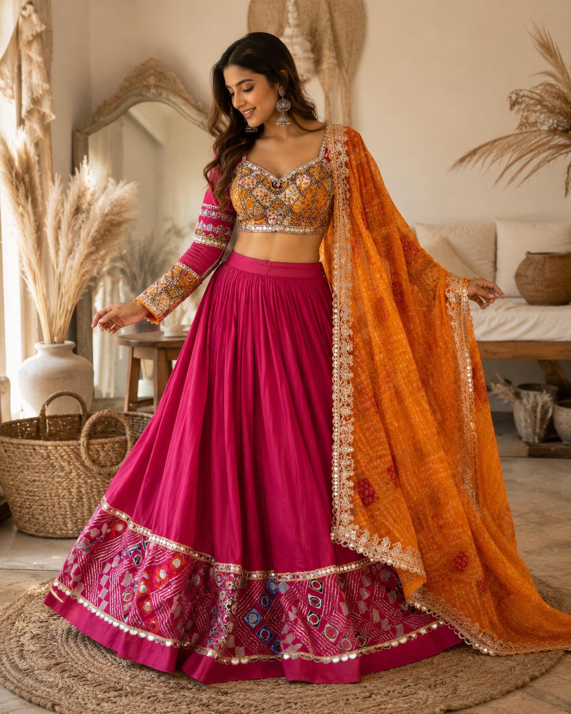 Pink yellow Cotton Lehenga Choli Set | Gold Embroidered Indian Skirt Set | Navratri Garba Outfit | Festive Ethnic Wear | Wedding Lehenga
