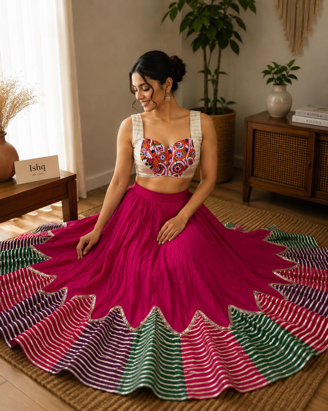 Garba Print Lehenga |Pink Ethnic Skirt | Navratri Ghagra Choli | Handmade Indian Festival Outfit