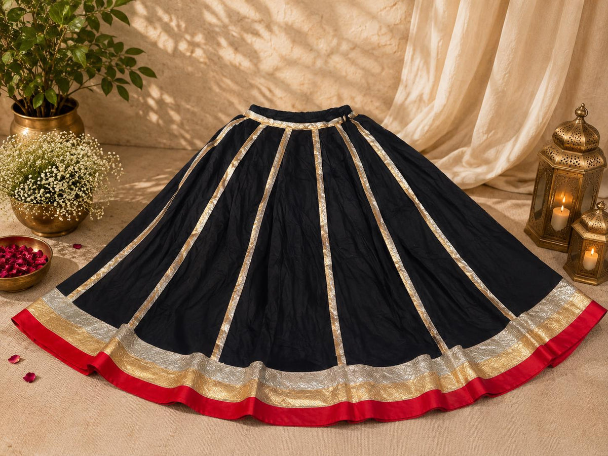 Black Red Lehenga Skirt | Indian Ethnic Skirt | Garba Navratri Lehenga | Gold & Silver Border Skirt | Bollywood Style Festival Skirt