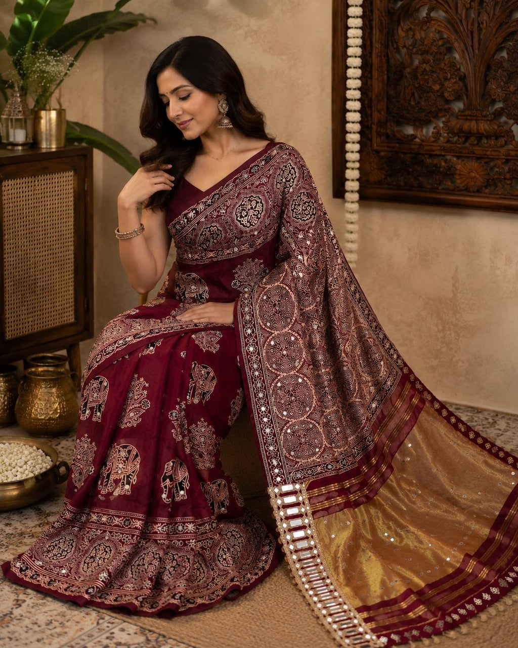 Red Handblock Ajrakh Mirror Work Saree | 500+ Real Mirror Saree | Elephant Print Indian Ethnic Saree | Festive Navratri
