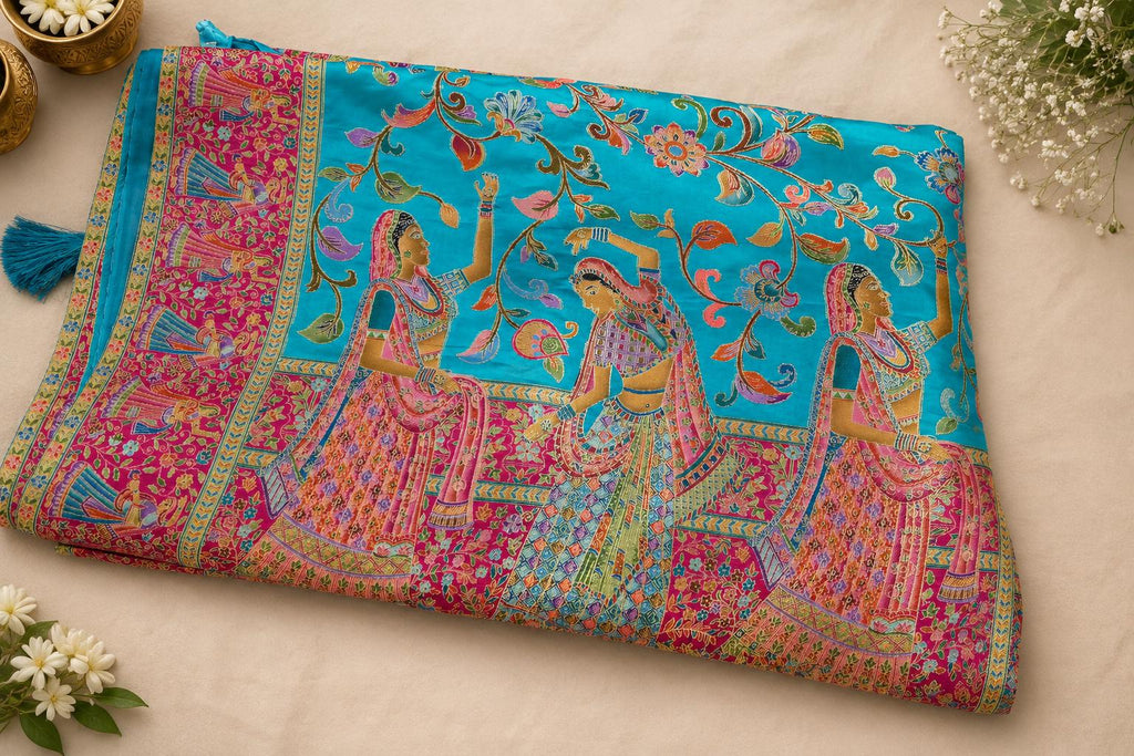 Turquoise Blue Crepe Saree | Designer Floral Printed Saree with Pink Pallu | Indian Saree | Festive Wear | Wedding Guest Saree