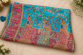 Turquoise Blue Crepe Saree | Designer Floral Printed Saree with Pink Pallu | Indian Saree | Festive Wear | Wedding Guest Saree