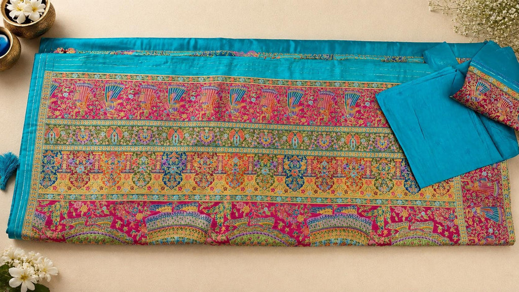 Turquoise Blue Crepe Saree | Designer Floral Printed Saree with Pink Pallu | Indian Saree | Festive Wear | Wedding Guest Saree