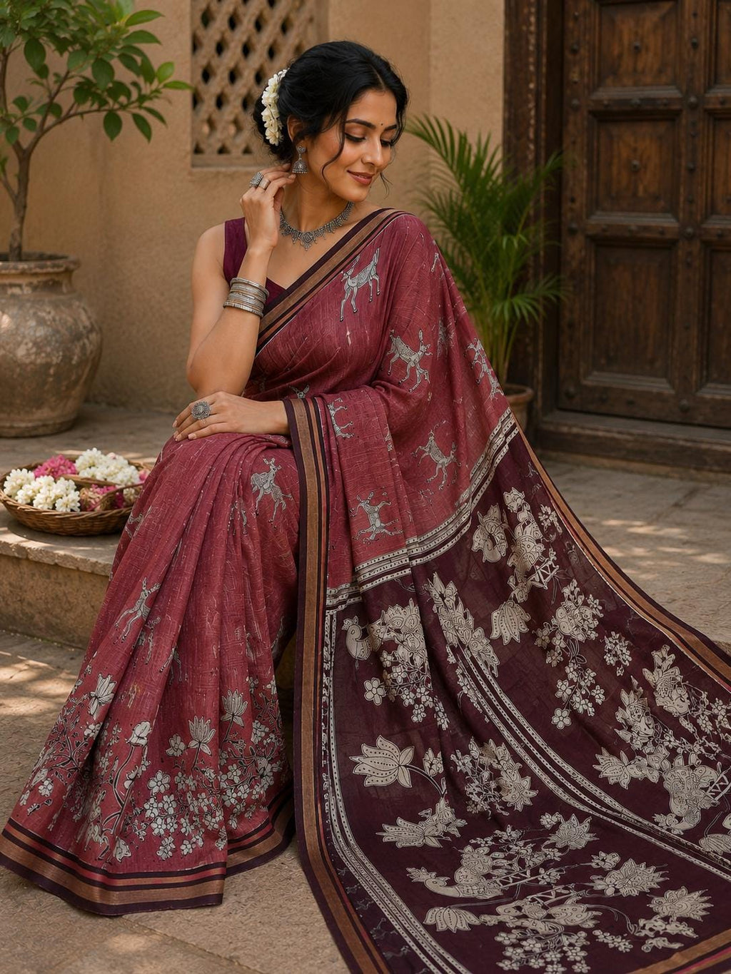 Maroon Hand Block Print Saree | soft silk Saree with Deer & Peacock Motifs | Traditional Indian Saree | Floral Saree | Artisan Saree