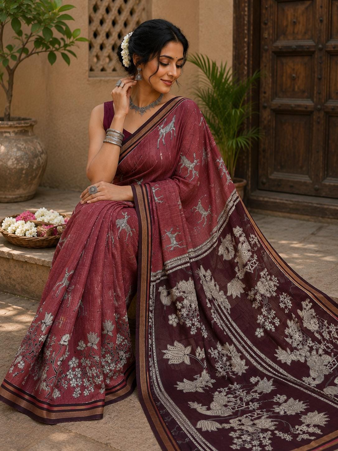 Maroon Hand Block Print Saree | soft silk Saree with Deer & Peacock Motifs | Traditional Indian Saree | Floral Saree | Artisan Saree